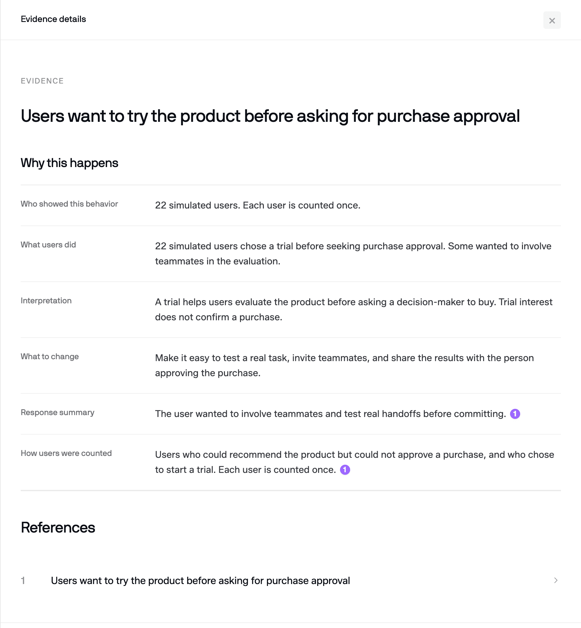 The evidence sidebar explains why users try a product before seeking purchase approval, with simulated behavior, interpretation, and a response summary.